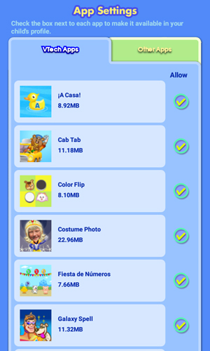 Screen: App Settings > VTech Apps