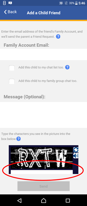 Show Add a Child Friend screen and circle Captcha field