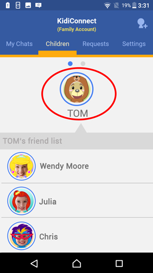 'Children' from the top menu bar of the KidiConnect? smartphone app