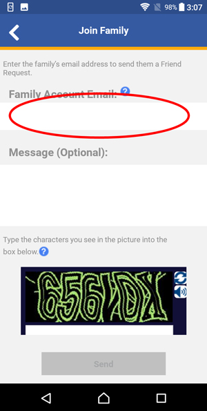 Show the Join Family page with a circle around the email address.