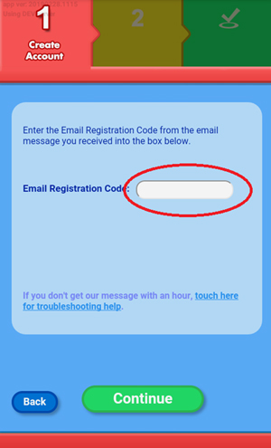 Screen: Email Registration code.