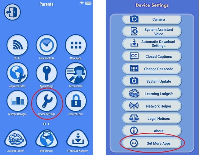 Device Settings icon on Parent Settings menu & Device Settings