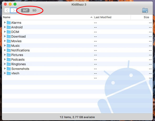 Select 'INT' to see all the folders in the root directory of the device