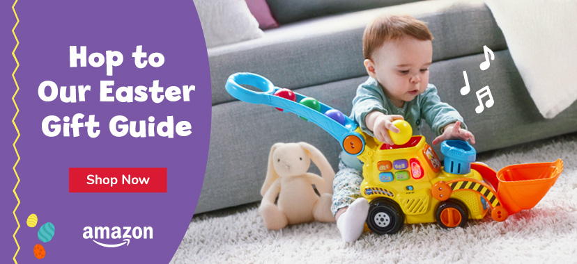 Hop to Our Easter Gift Guide; Shop Now, Amazon logo, Child playing with bulldozer toy, musical icons