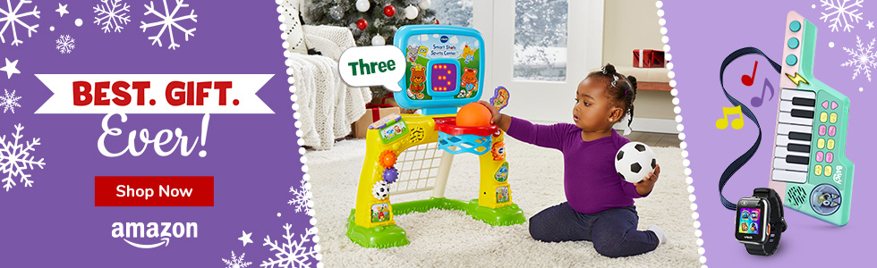 Holiday Gift Guide; Best Gift Ever; Shop Now; Amazon logo; Girl playing with Smart Shots Sports Center 