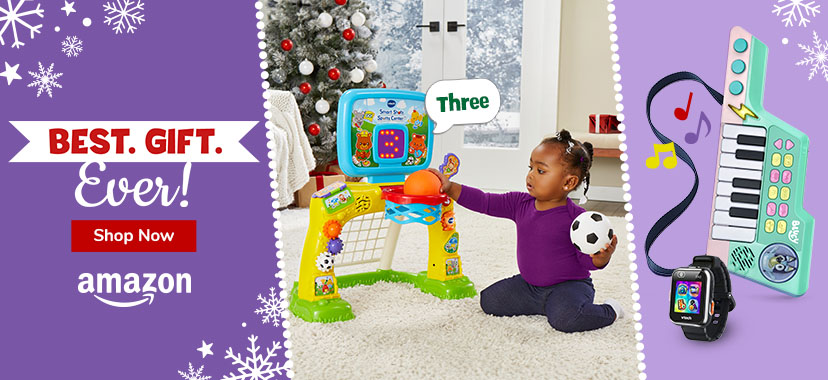 Holiday Gift Guide; Best Gift Ever; Shop Now; Amazon logo; Girl playing with Smart Shots Sports Center 