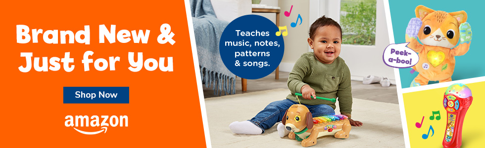 Brand New & Just For You; Shop Now button; Amazon logo; Boy playing with Zoo Jamz Doggy Xylophone; See you Kitty; Sing it Out Microphone 