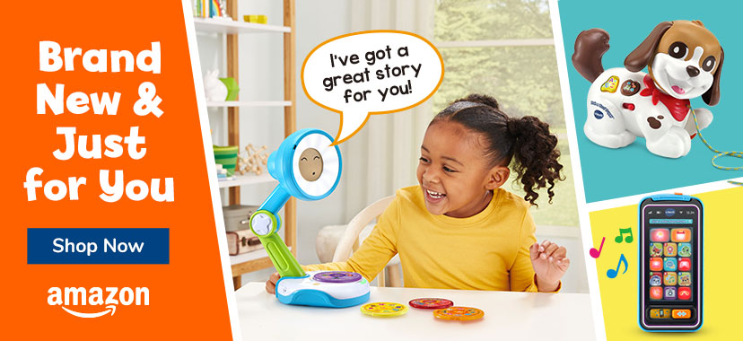 Brand New & Just For You; Shop Now button; Amazon logo; Girl playing with Story Time with Sunny; Slide & Play Piano phone, Walk & Woof Puppy toy 