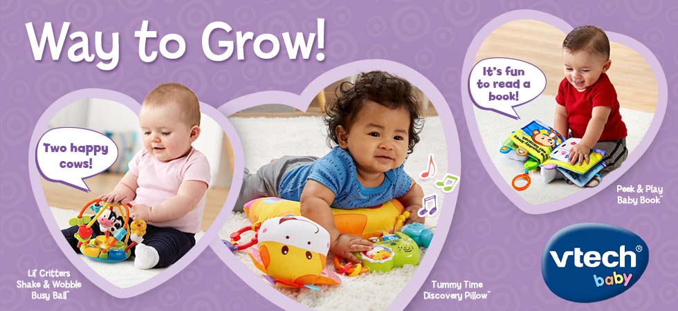 VTech Baby, Way to Grow! Lif Critters Shake & Wobble Busy Ball said Two happy cows!. Tummy Time Discovery Pillow. Peek & Play Baby Book™ said It's fun to read a book.