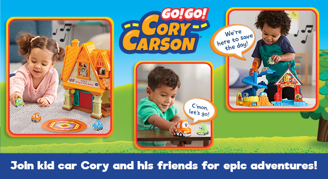Go! Go! Cory Carson, Join kid car Cory Carson and his friends for epic adventures. Go! Go! Cory Carson character saying C’mon let’s go! And Freddie’s Firehouse playset saying We’re here to save the day!