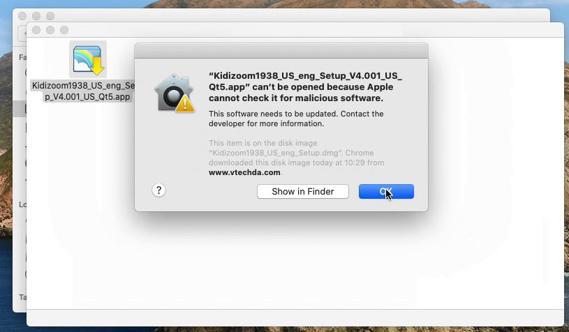 Step 3. An error window will appear stating that Apple cannot check for malicious software, please select OK