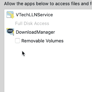 Check and see if Removable Volumes is selected under the DownloadManager entry.